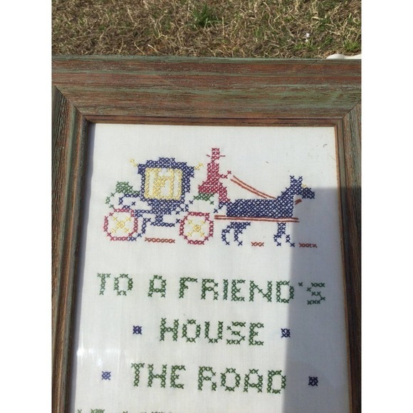 Vintage finished cross stitch friend horse buggy Amish framed farmhouse - Picture 2 of 9